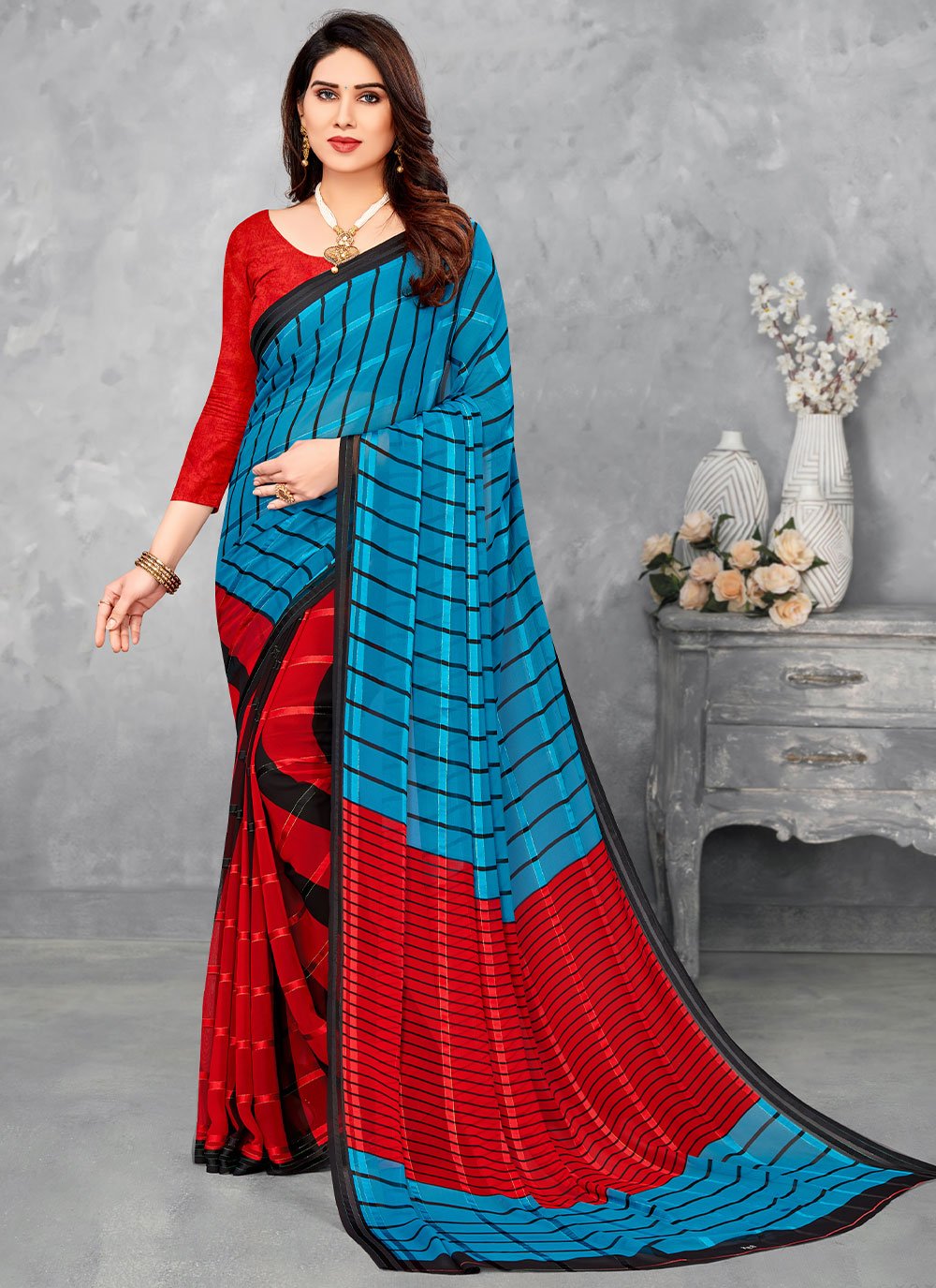 Contemporary Satin Silk Aqua Blue Red Print Saree