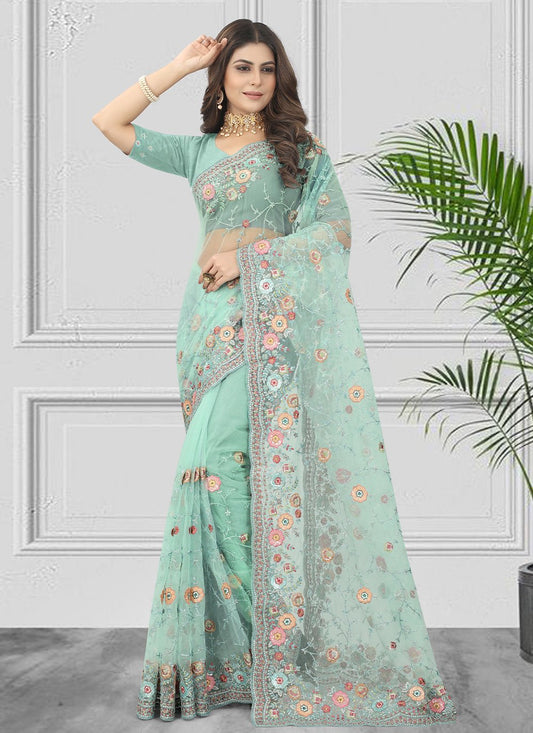 Contemporary Net Aqua Blue Embroidered Saree