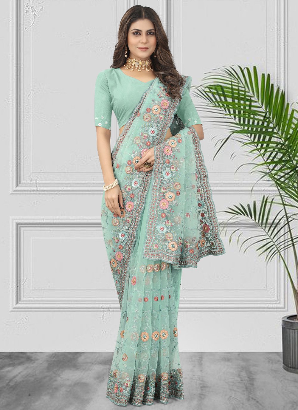 Contemporary Net Aqua Blue Embroidered Saree