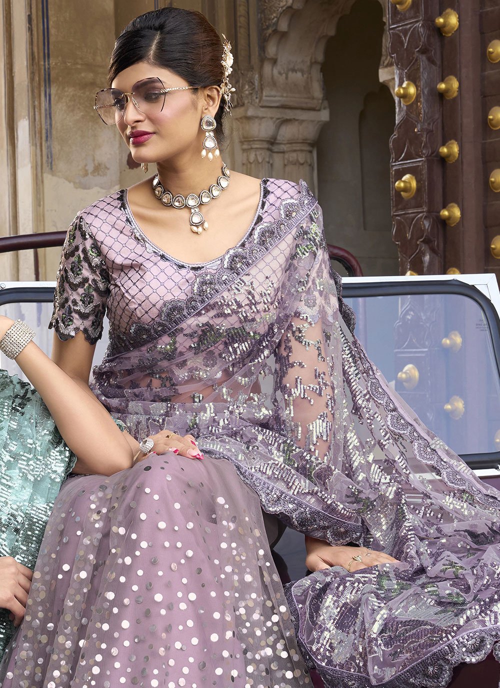 Contemporary Imported Net Purple Embroidered Saree