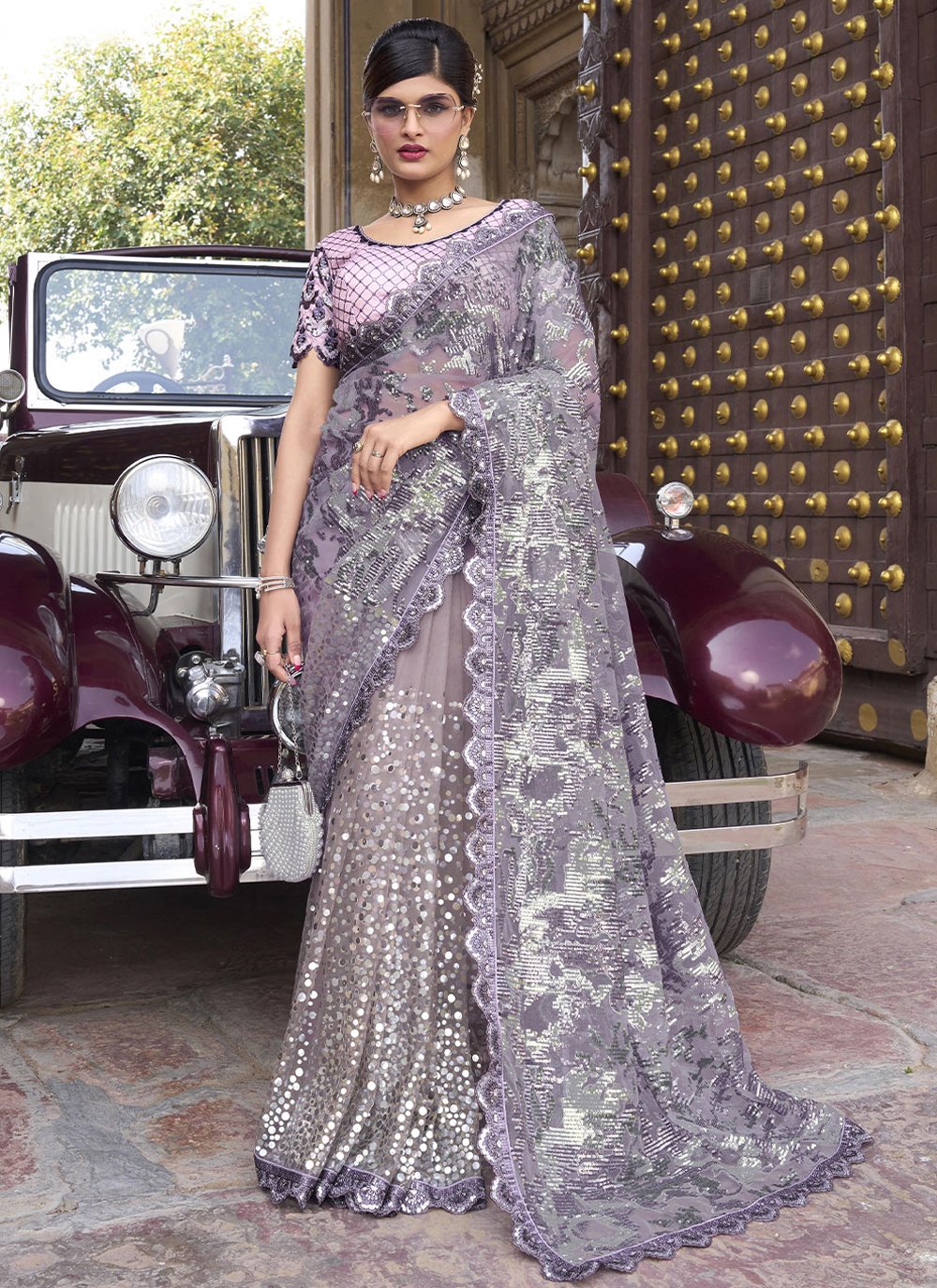 Contemporary Imported Net Purple Embroidered Saree