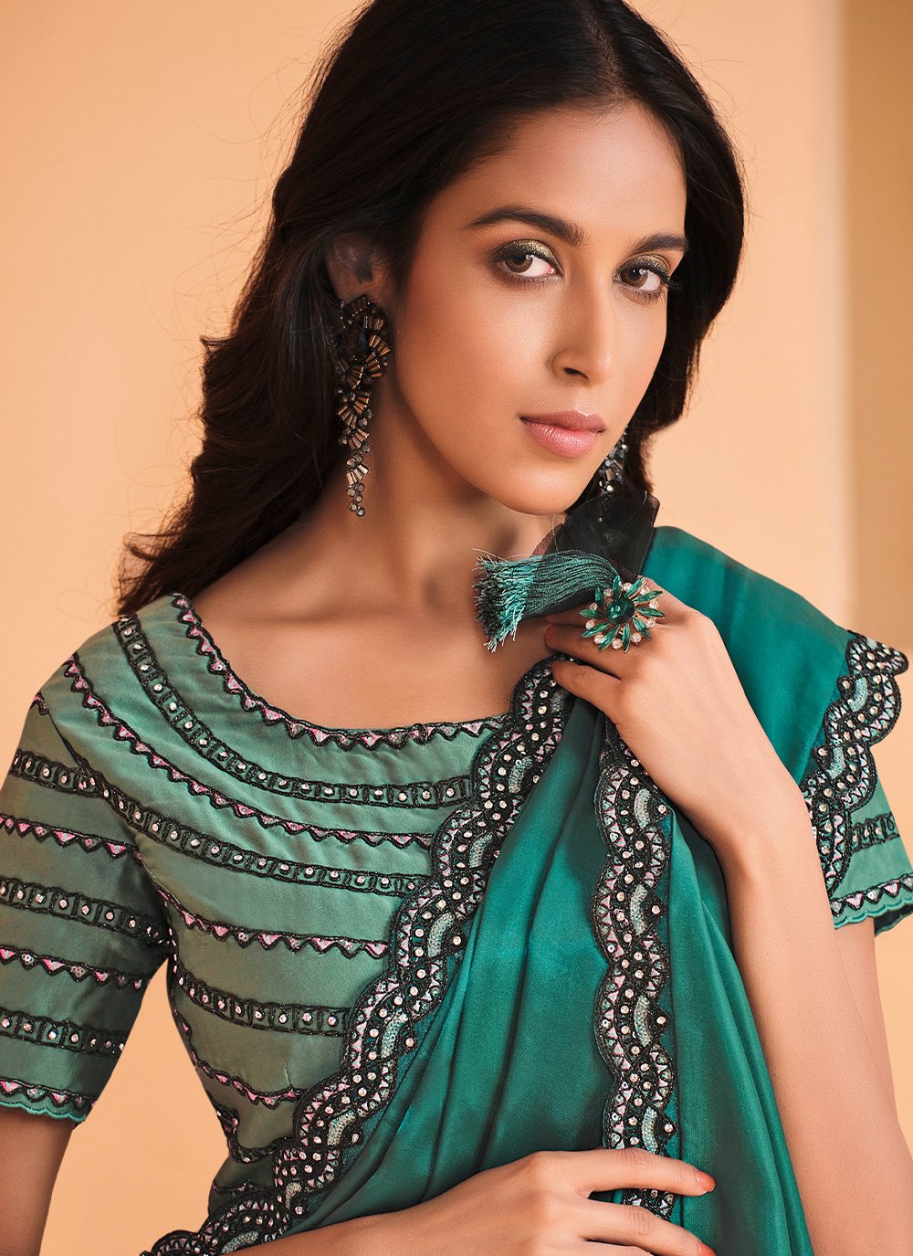 Contemporary Crepe Silk Satin Green Embroidered Saree