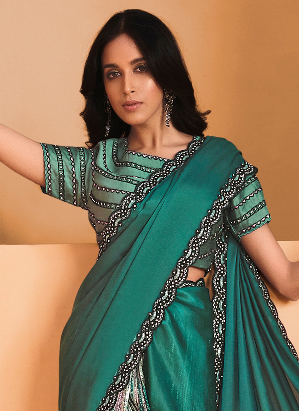 Contemporary Crepe Silk Satin Green Embroidered Saree