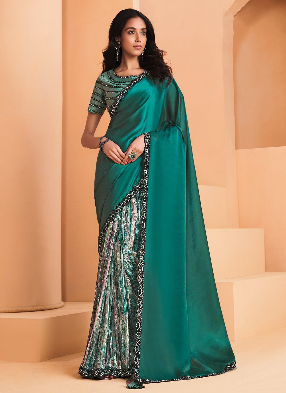 Contemporary Crepe Silk Satin Green Embroidered Saree