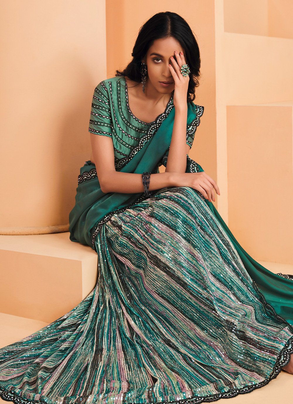 Contemporary Crepe Silk Satin Green Embroidered Saree