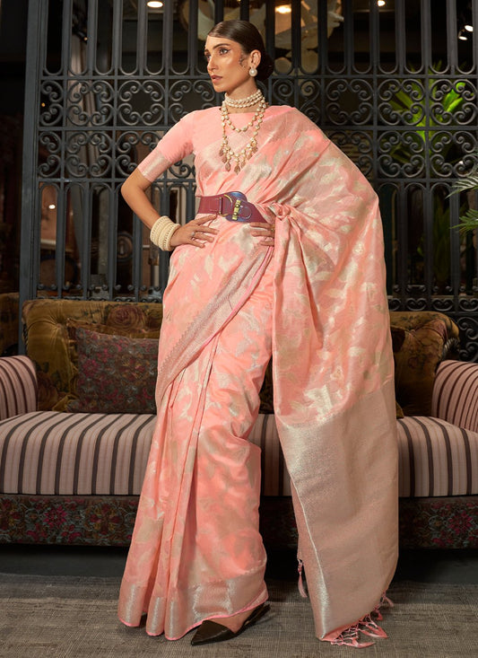 Contemporary Handloom Silk Peach Weaving Saree