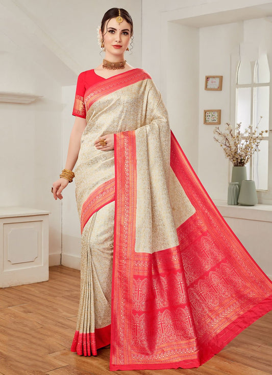 Contemporary Silk Cream Pink Weaving Saree