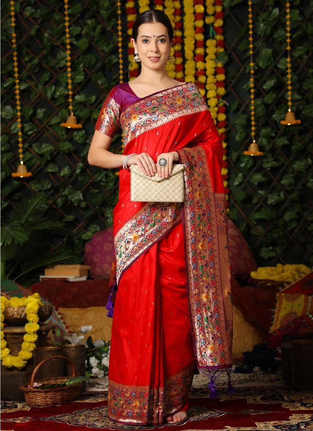 Contemporary Banarasi Silk Red Woven Saree