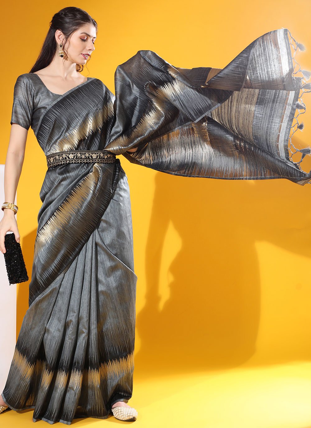 Contemporary Tussar Silk Grey Woven Saree