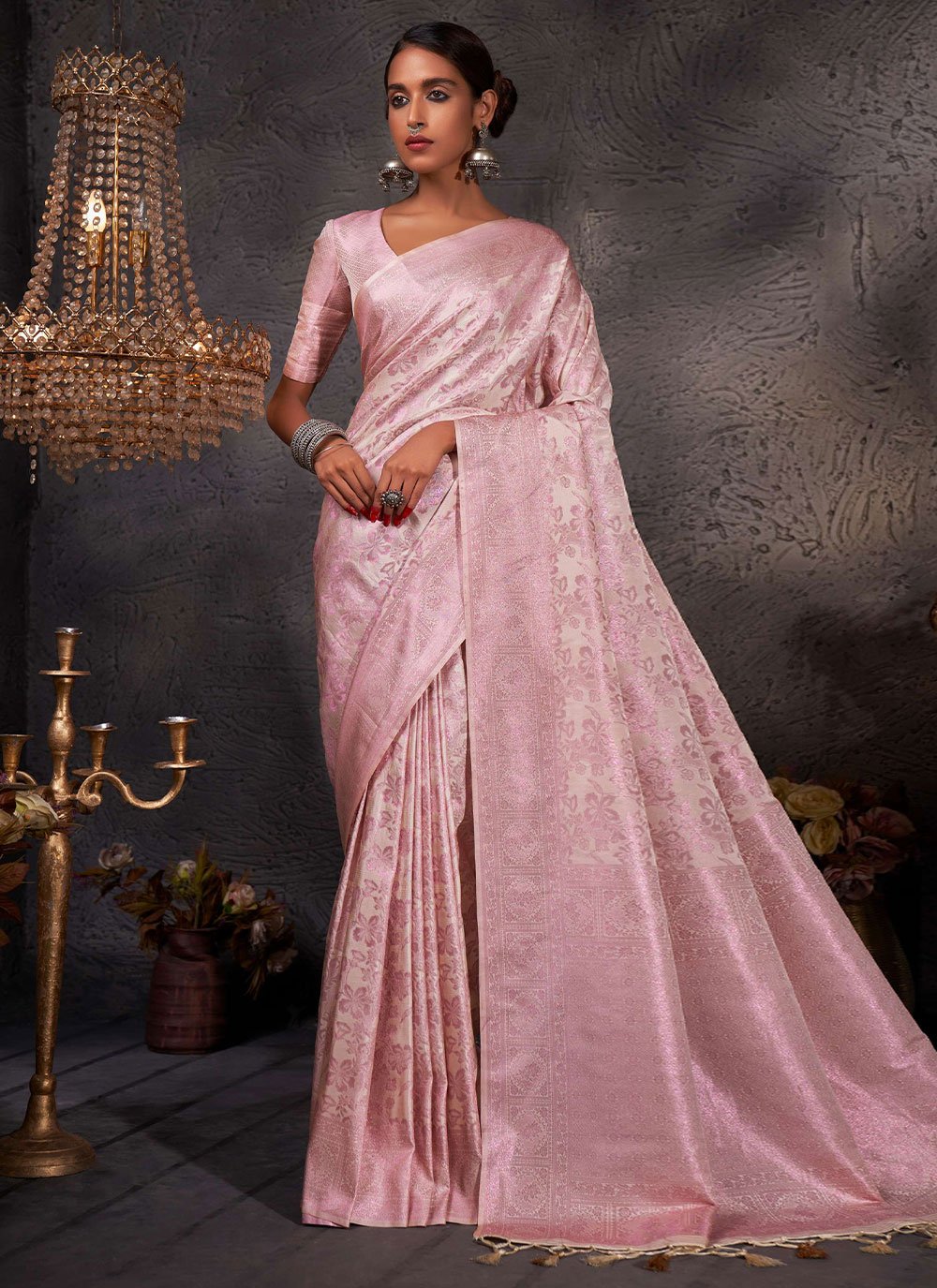 Contemporary Kanjivaram Silk Pink Weaving Saree