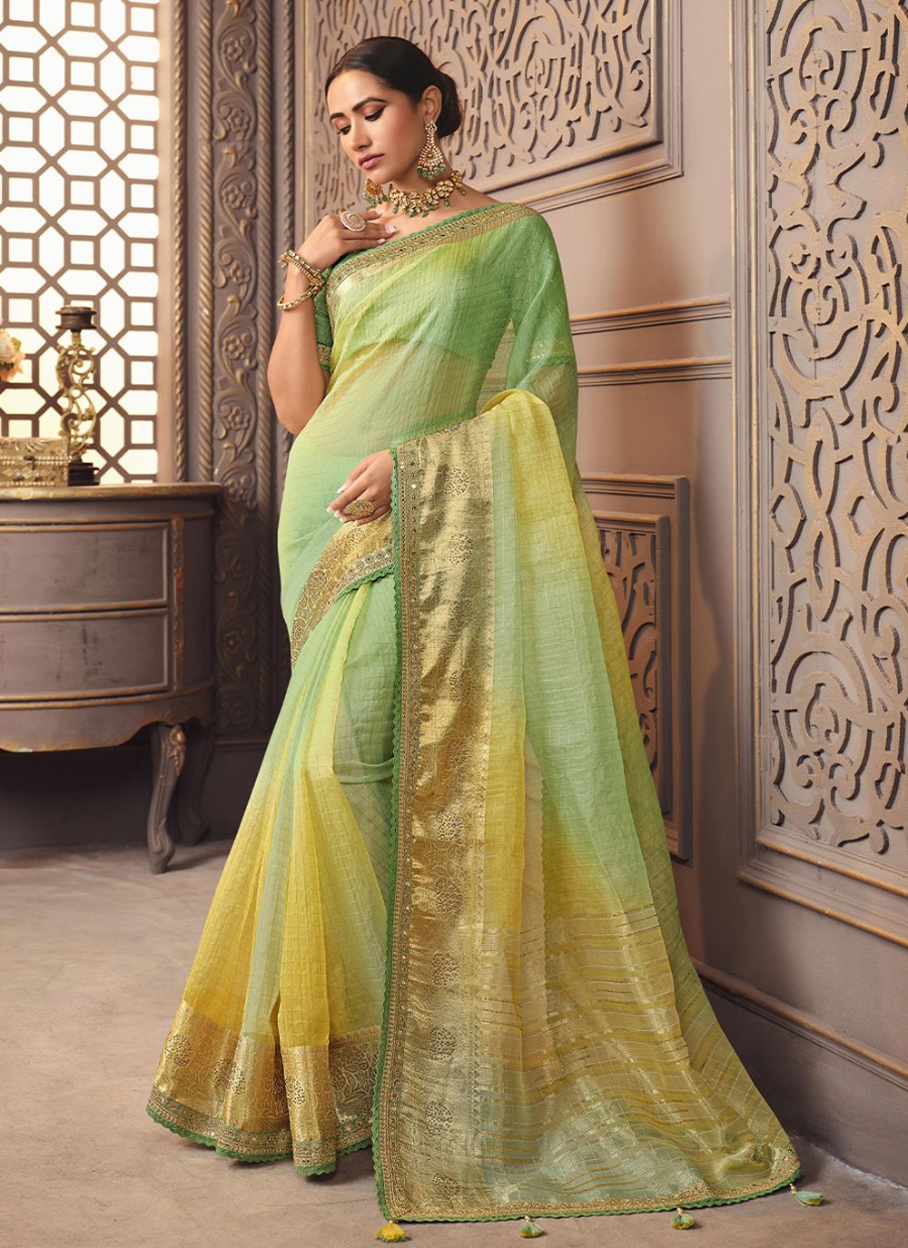 Contemporary Organza Silk Green Yellow Embroidered Saree