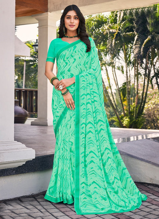 Contemporary Designer Georgette Turquoise Patch Border Saree