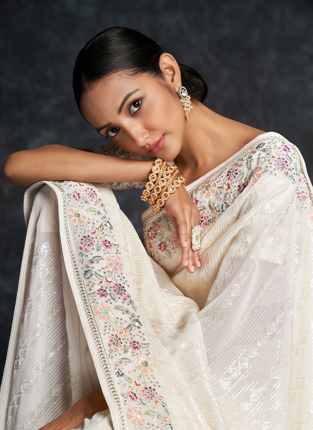 Contemporary Georgette White Embroidered Saree