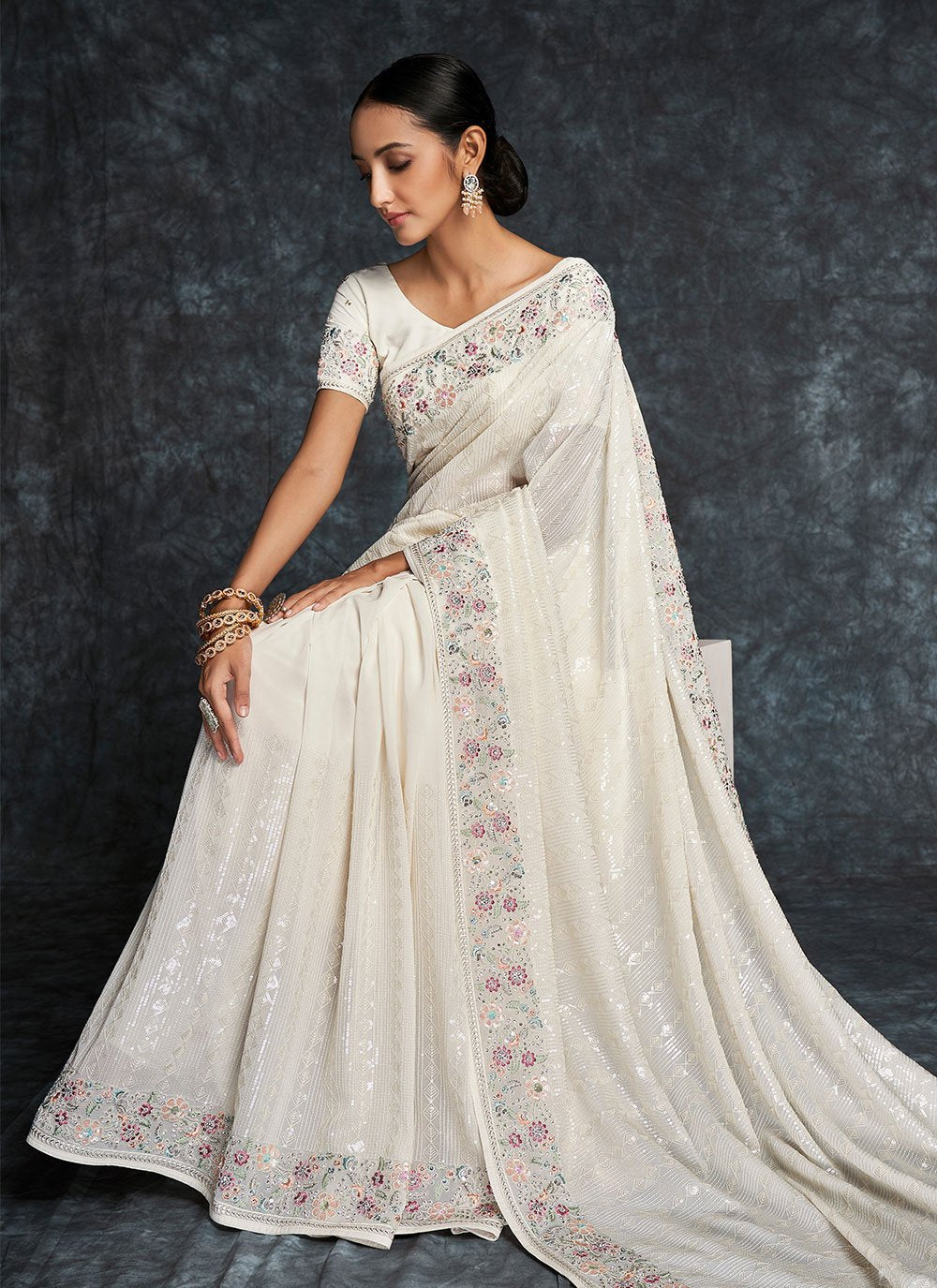 Contemporary Georgette White Embroidered Saree