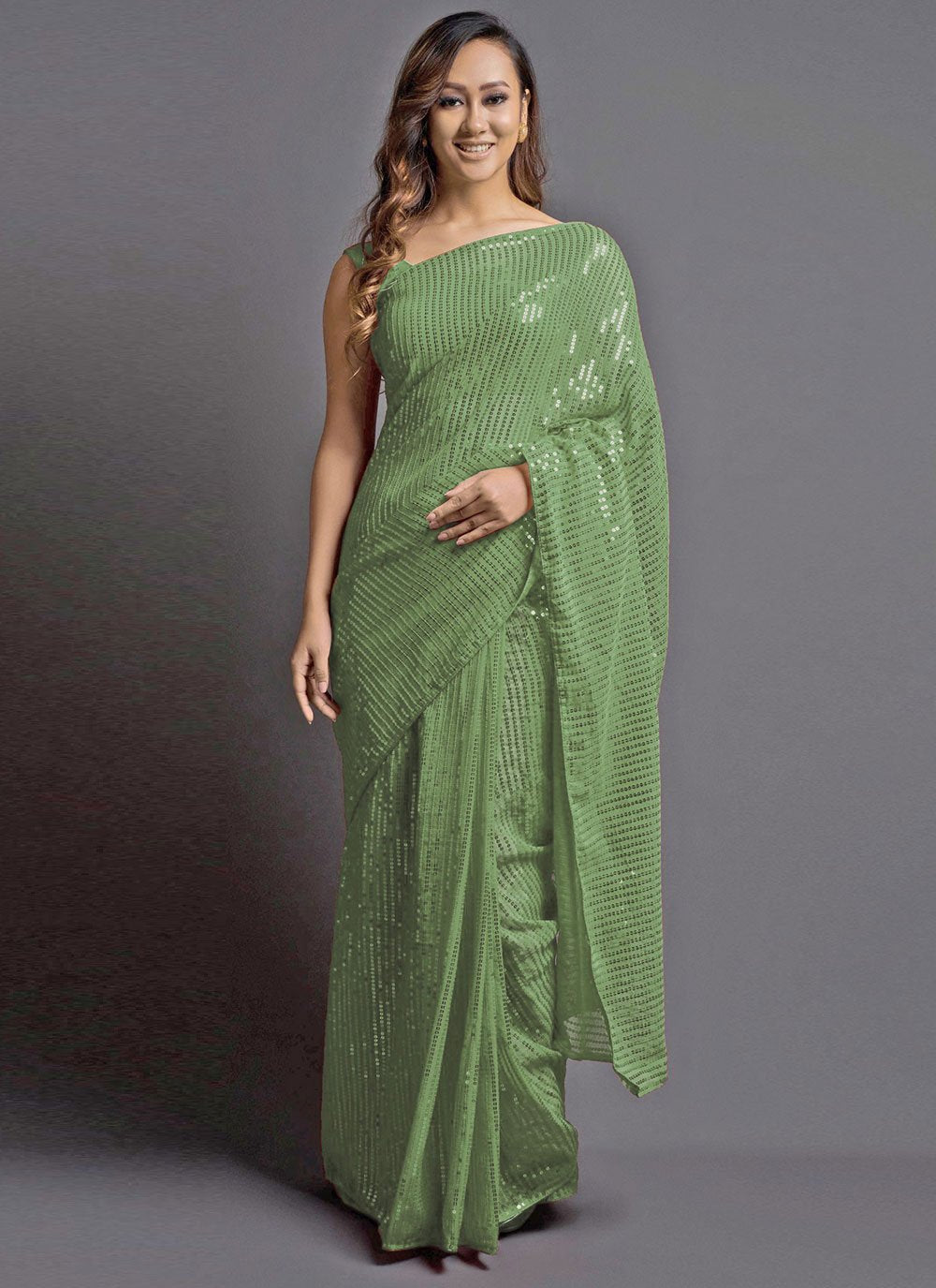 Contemporary Georgette Silk Sea Green Embroidered Saree