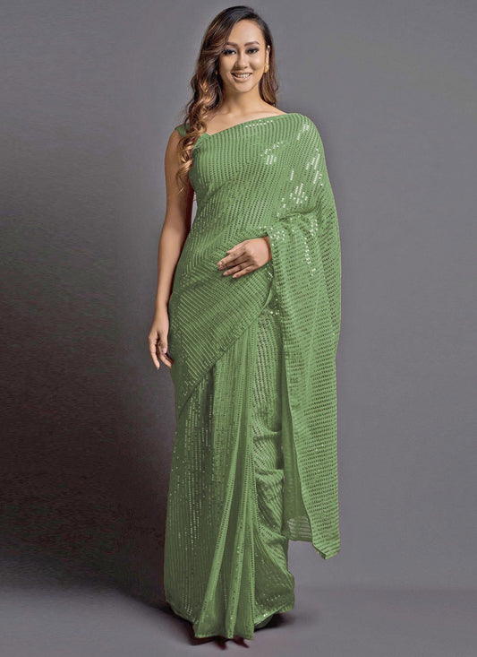 Contemporary Georgette Silk Sea Green Embroidered Saree