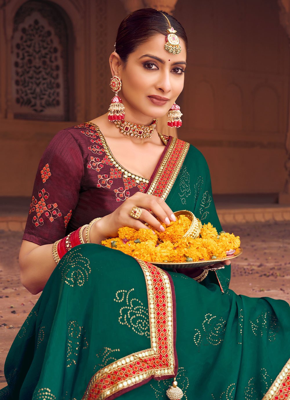 Contemporary Chiffon Satin Morpeach Embroidered Saree