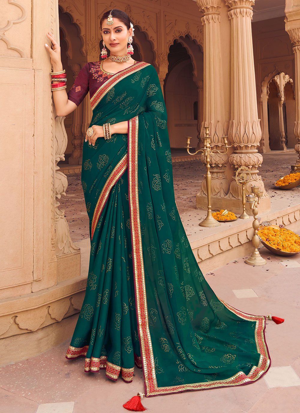 Contemporary Chiffon Satin Morpeach Embroidered Saree