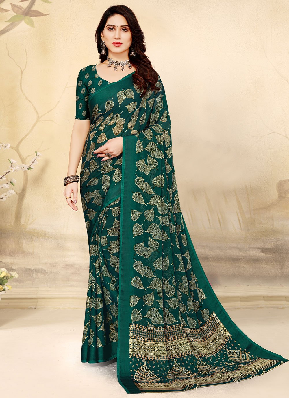 Contemporary Chiffon Green Print Saree