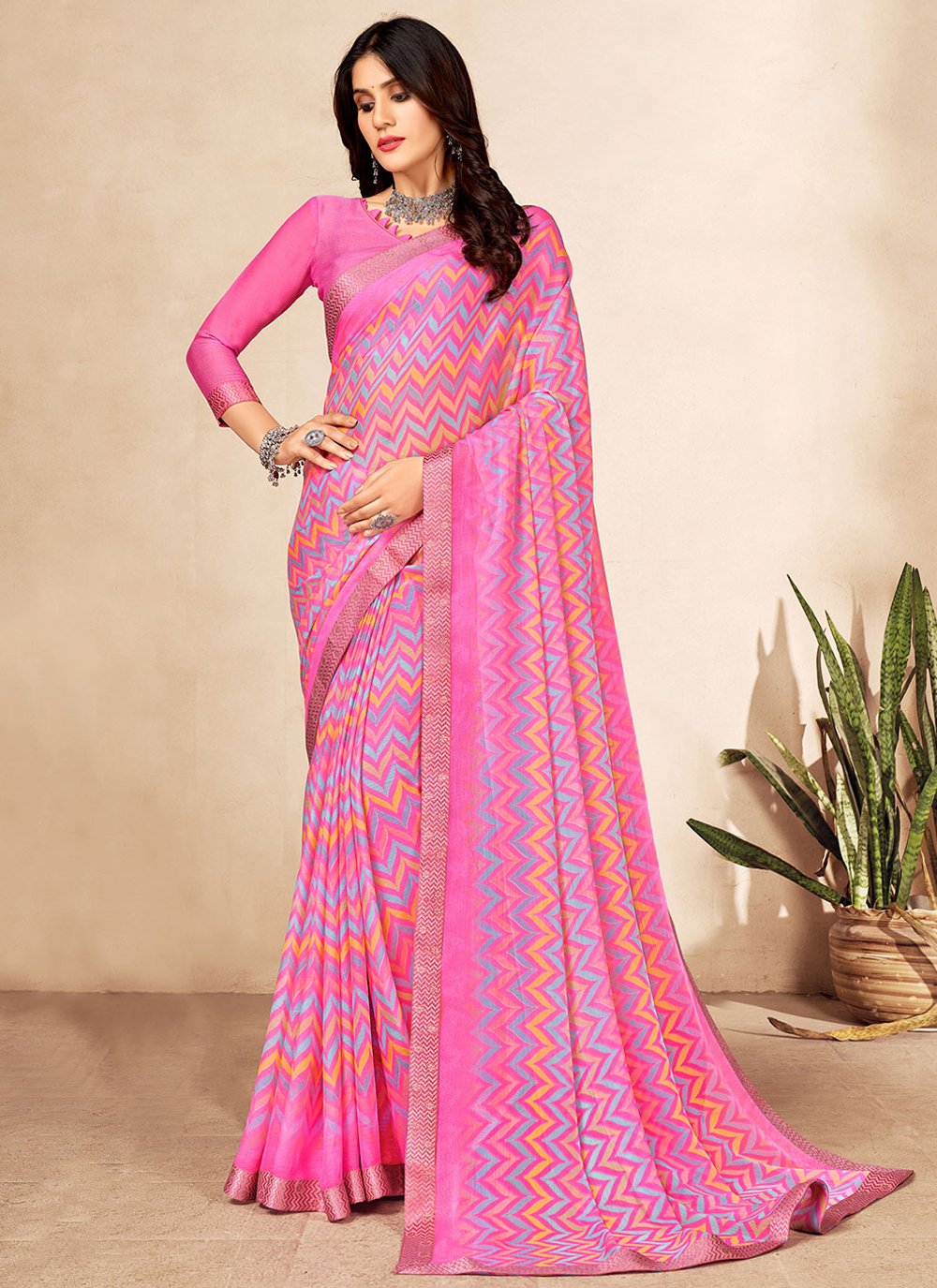 Contemporary Chiffon Pink Patch Border Saree