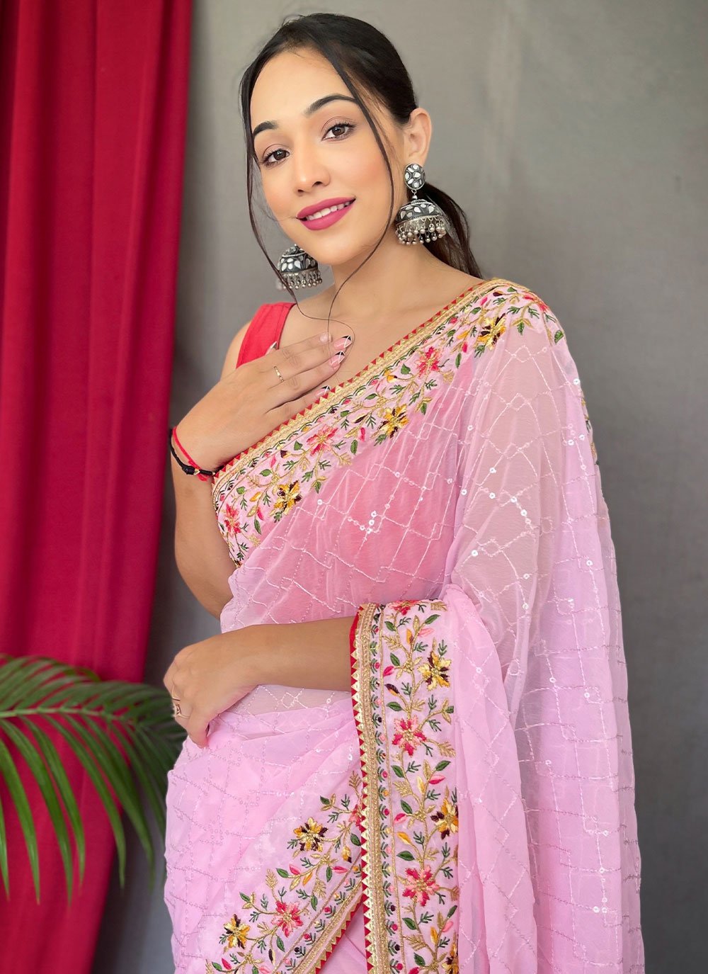 Contemporary Georgette Pink Sequins Saree