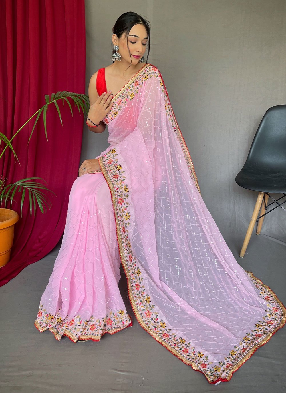 Contemporary Georgette Pink Sequins Saree