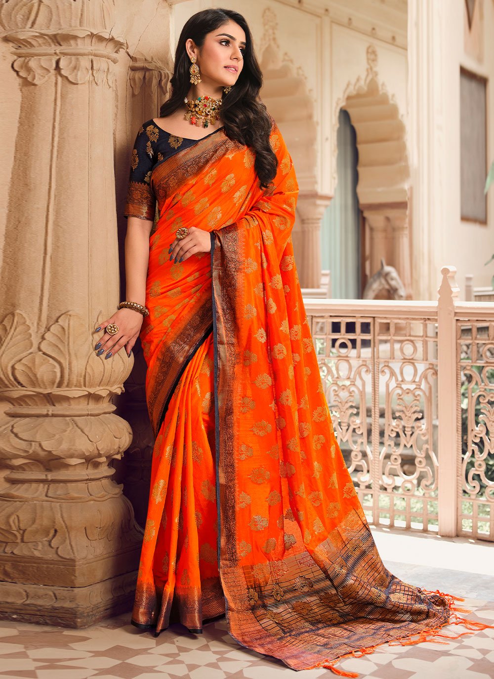 Contemporary Raw Silk Orange Woven Saree