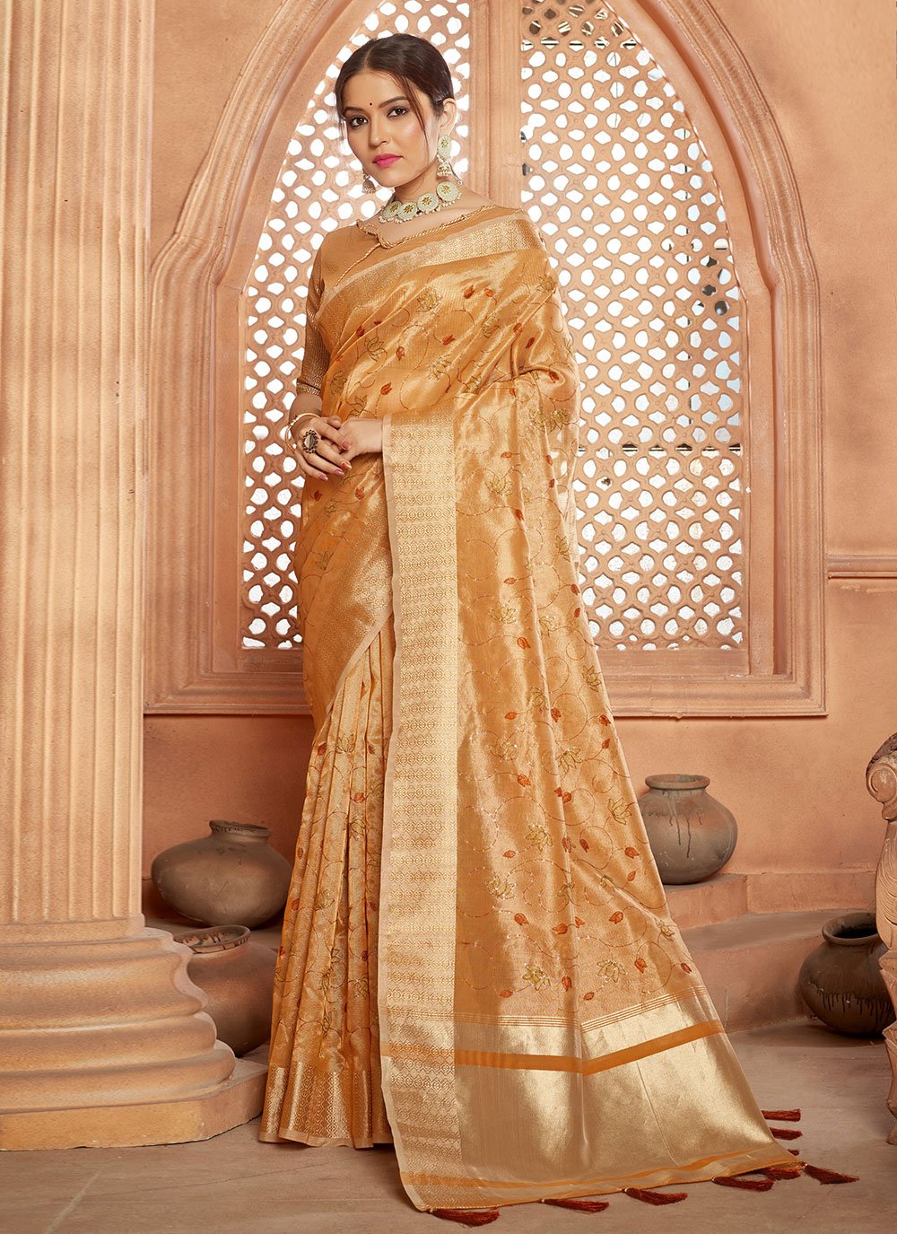 Contemporary Fancy Fabric Tissue Orange Resham Saree