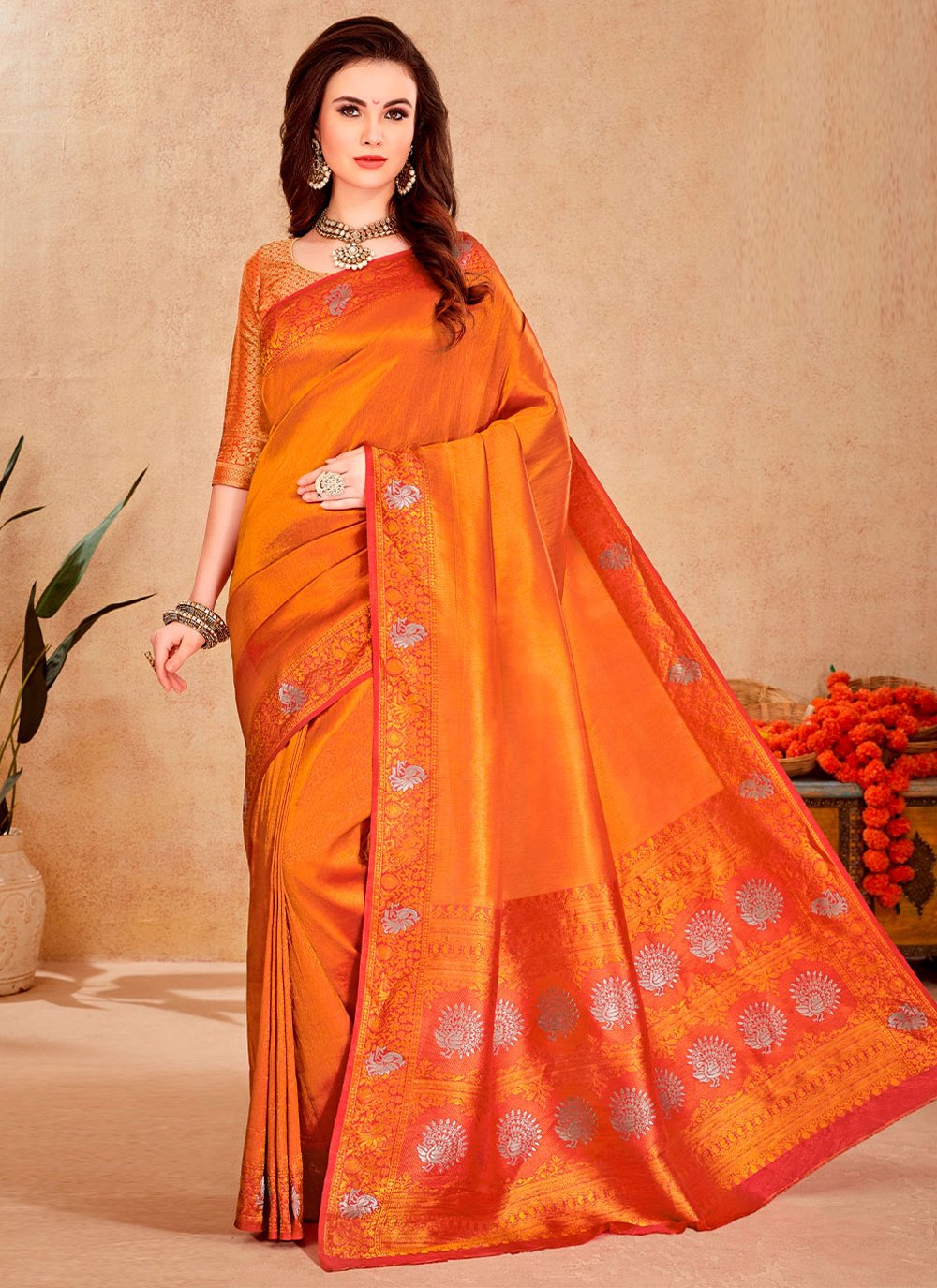 Contemporary Silk Orange Weaving Saree