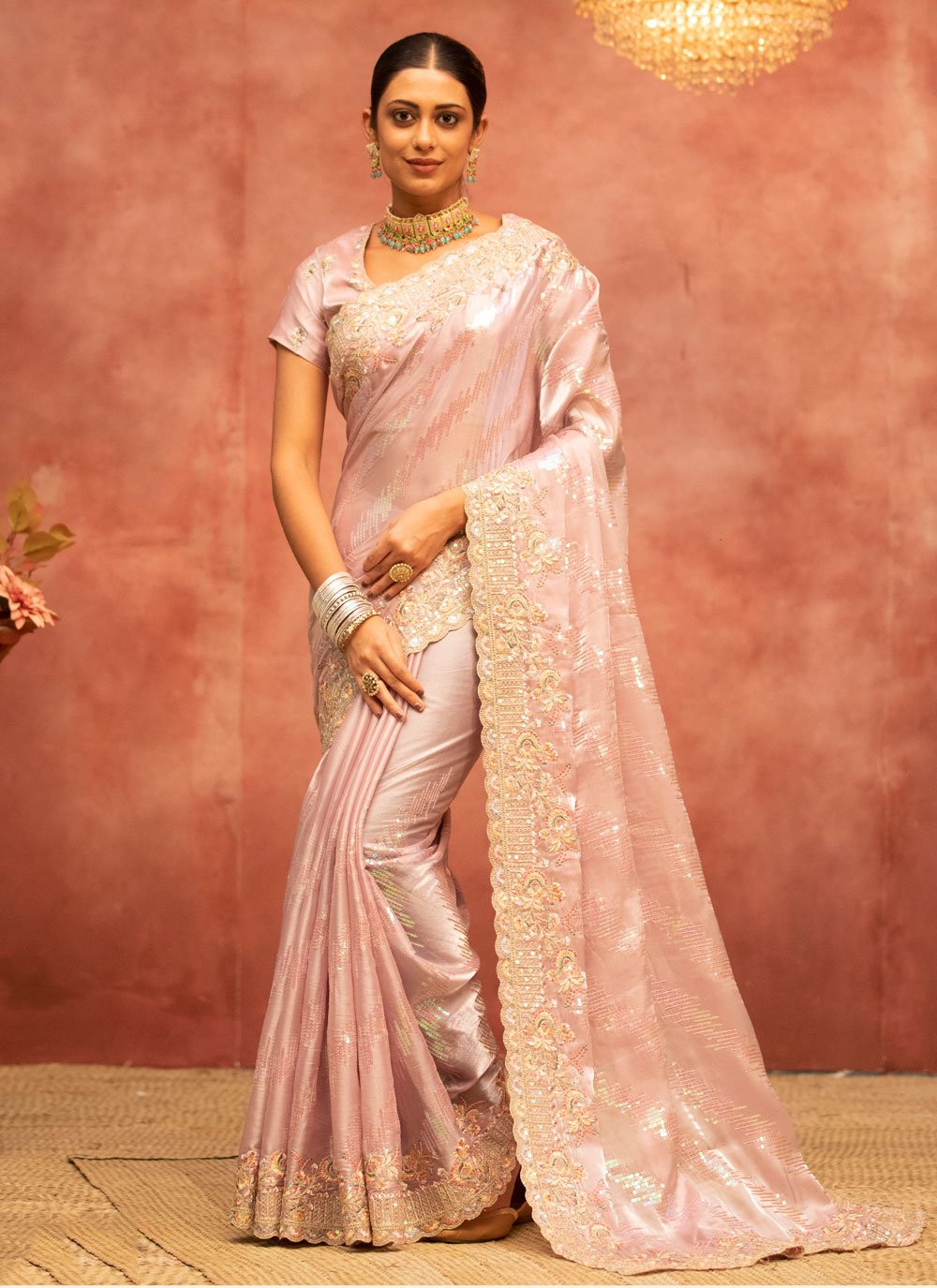 Contemporary Organza Silk Pink Diamond Saree