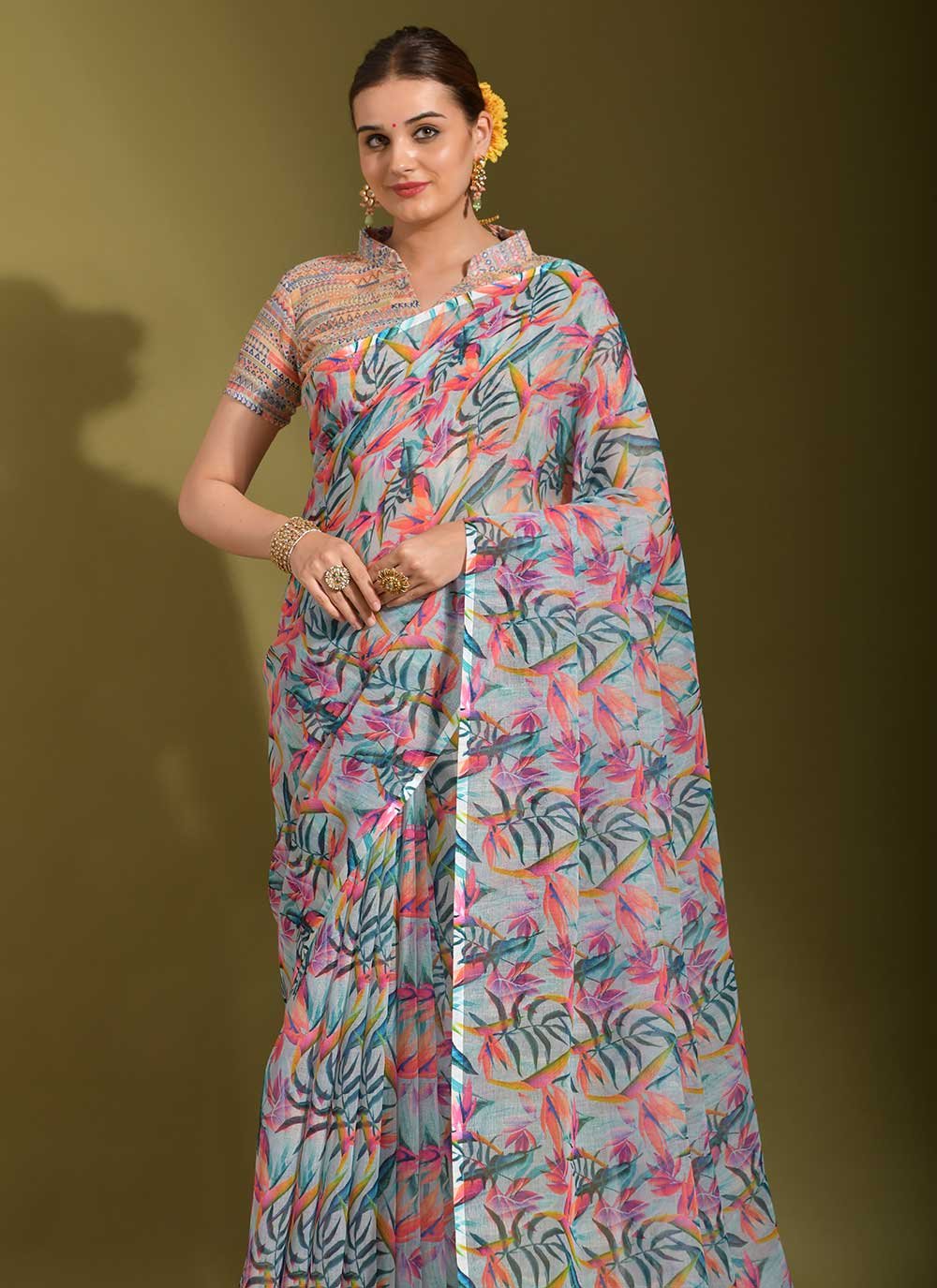 Contemporary Linen Multi Colour Digital Print Saree