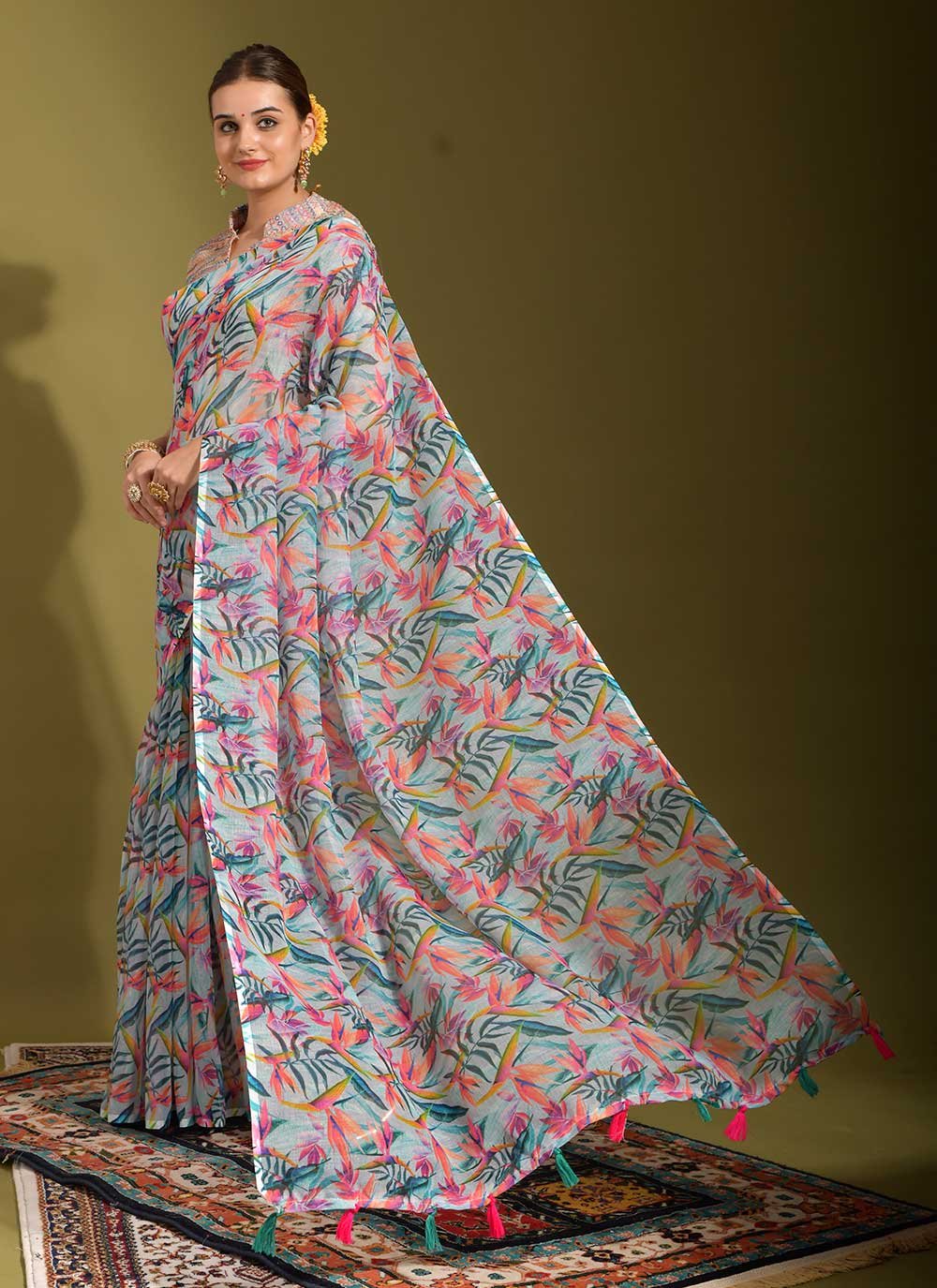 Contemporary Linen Multi Colour Digital Print Saree