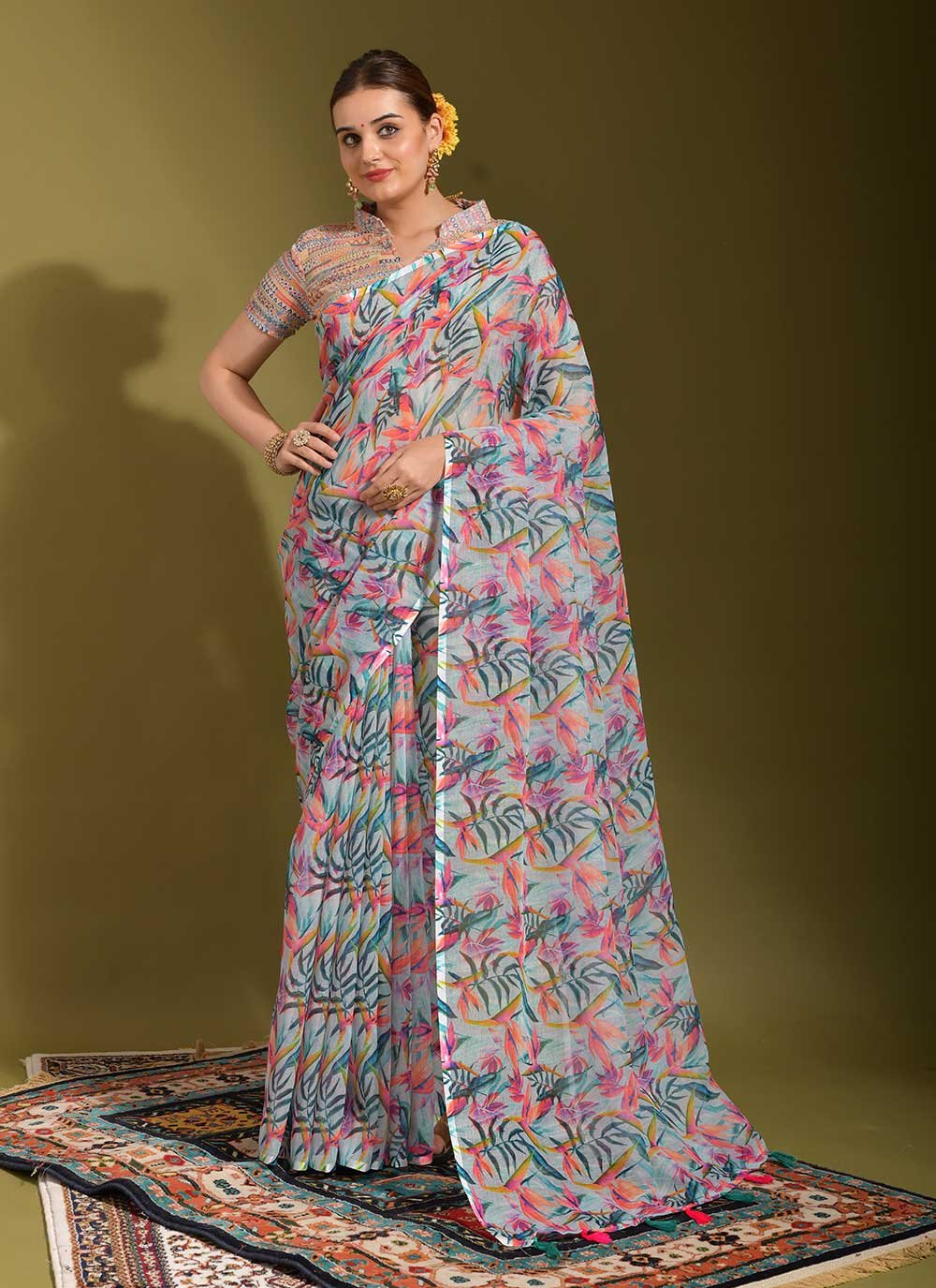 Contemporary Linen Multi Colour Digital Print Saree