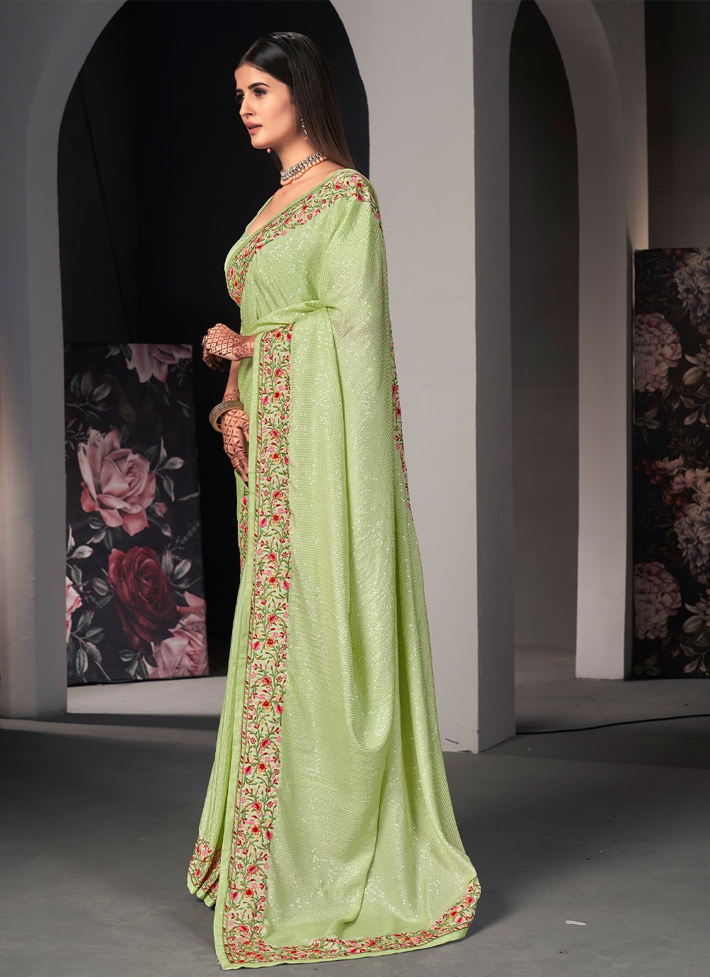 Contemporary Satin Silk Sea Green Embroidered Saree