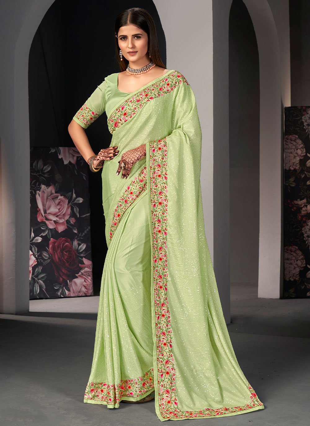 Contemporary Satin Silk Sea Green Embroidered Saree