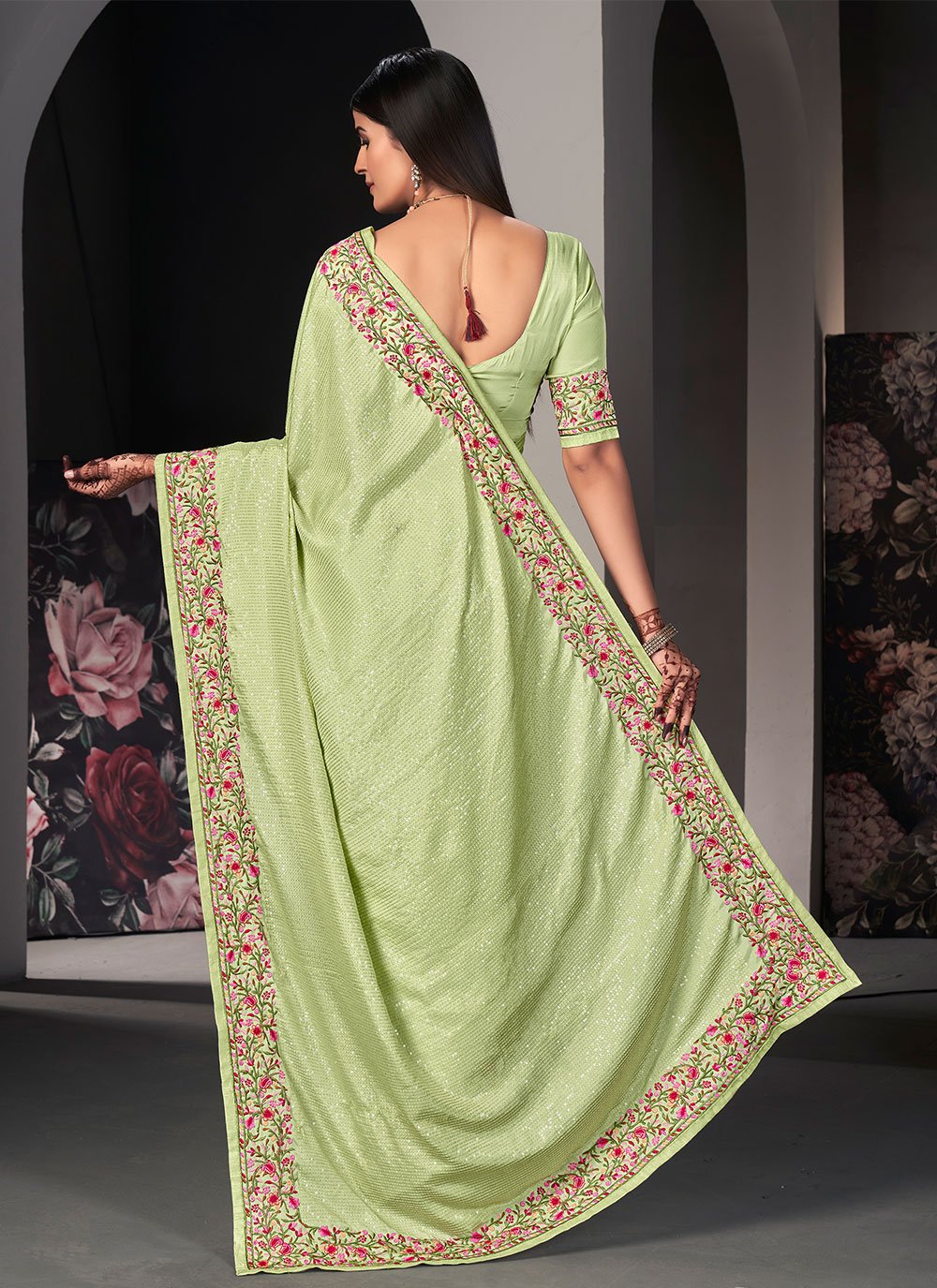 Contemporary Satin Silk Sea Green Embroidered Saree