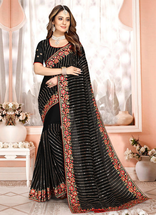 Contemporary Georgette Black Embroidered Saree