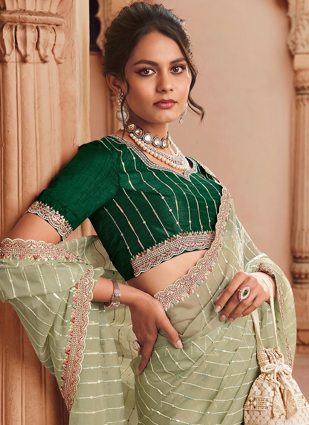 Contemporary Organza Green Crystals Saree