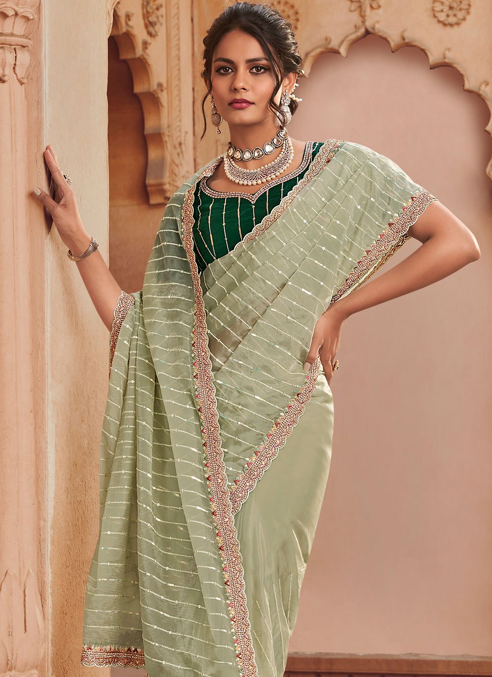 Contemporary Organza Green Crystals Saree