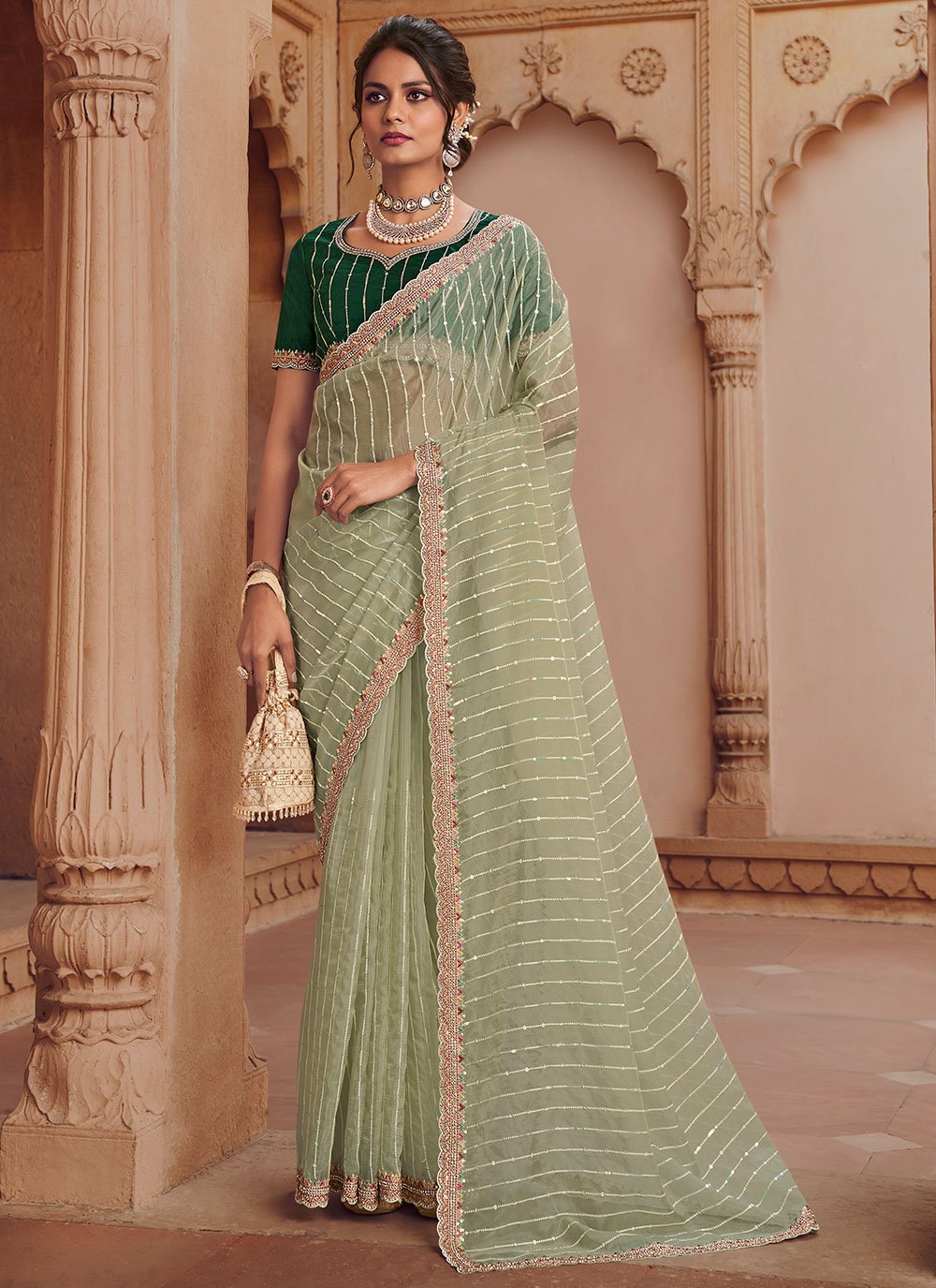 Contemporary Organza Green Crystals Saree