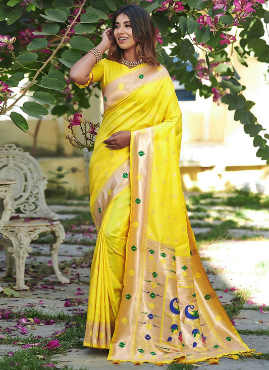 Contemporary Banarasi Silk Yellow Woven Saree