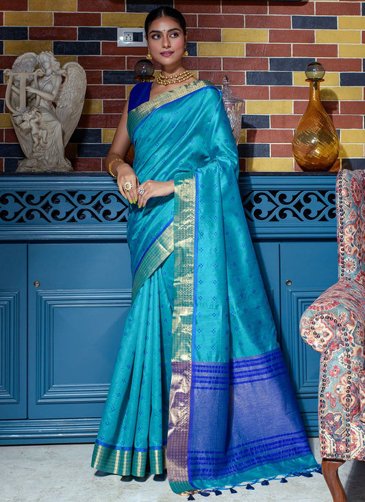 Contemporary Silk Firozi Woven Saree