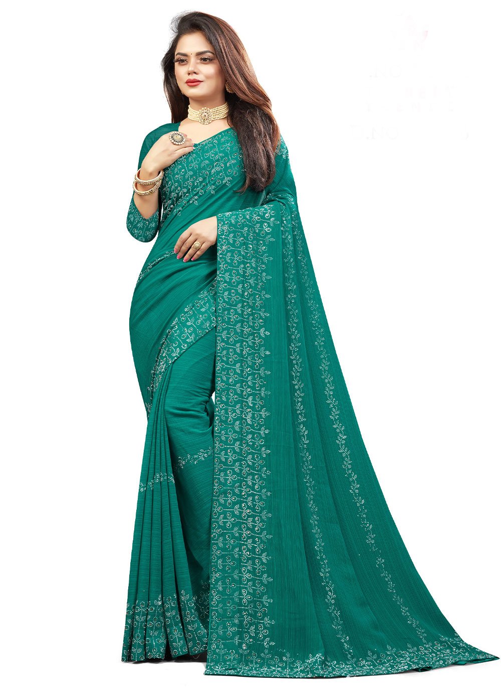 Contemporary Chiffon Silk Turquoise Embroidered Saree