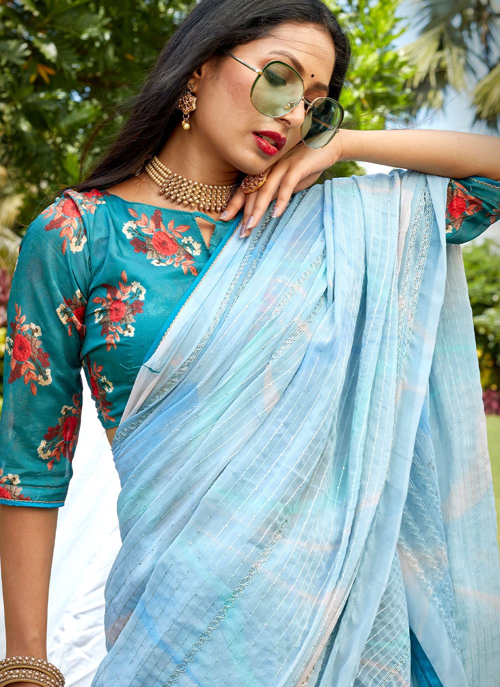 Contemporary Chiffon Blue Swarovski Saree