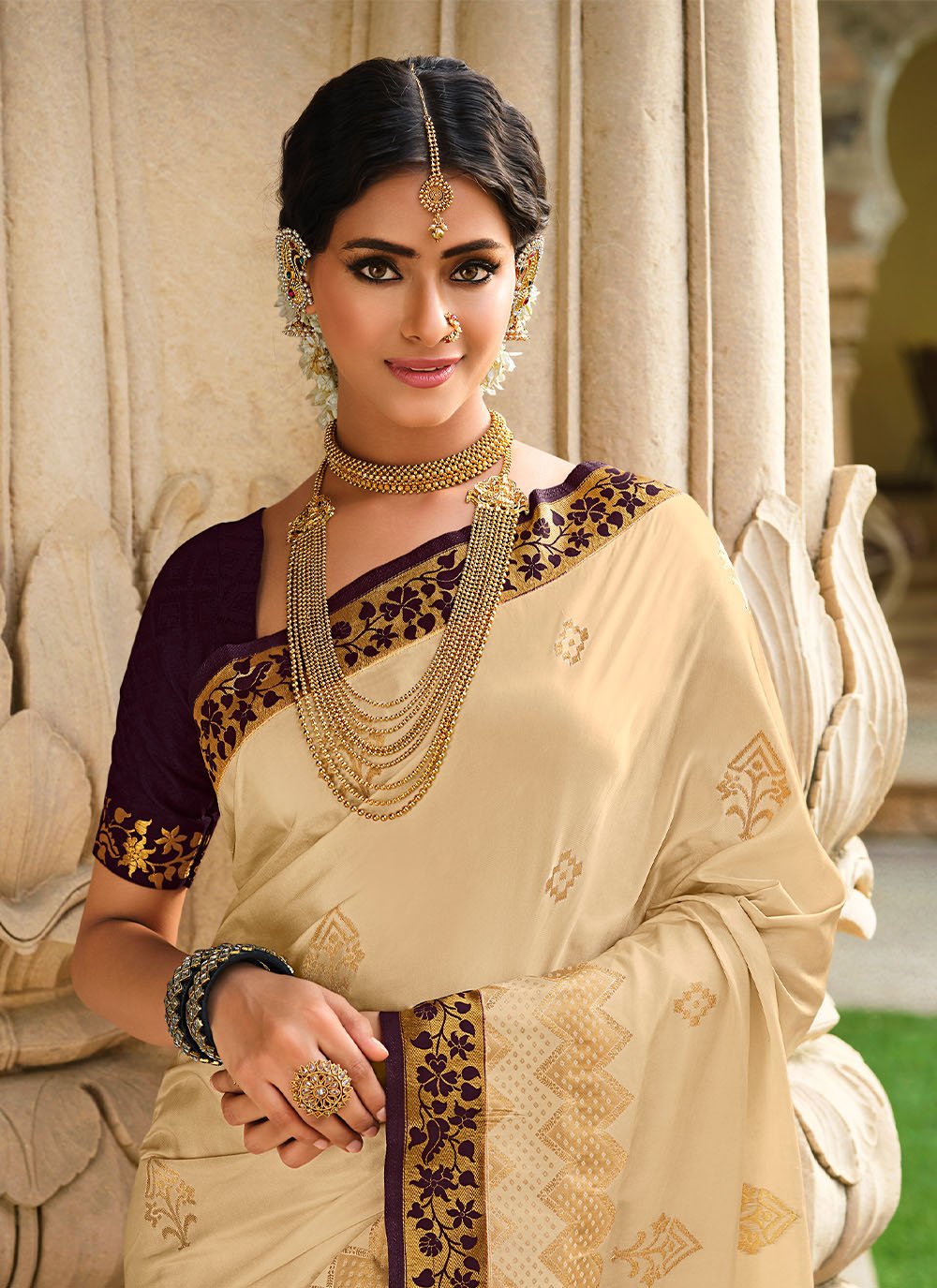 Contemporary Satin Silk Cream Patch Border Saree