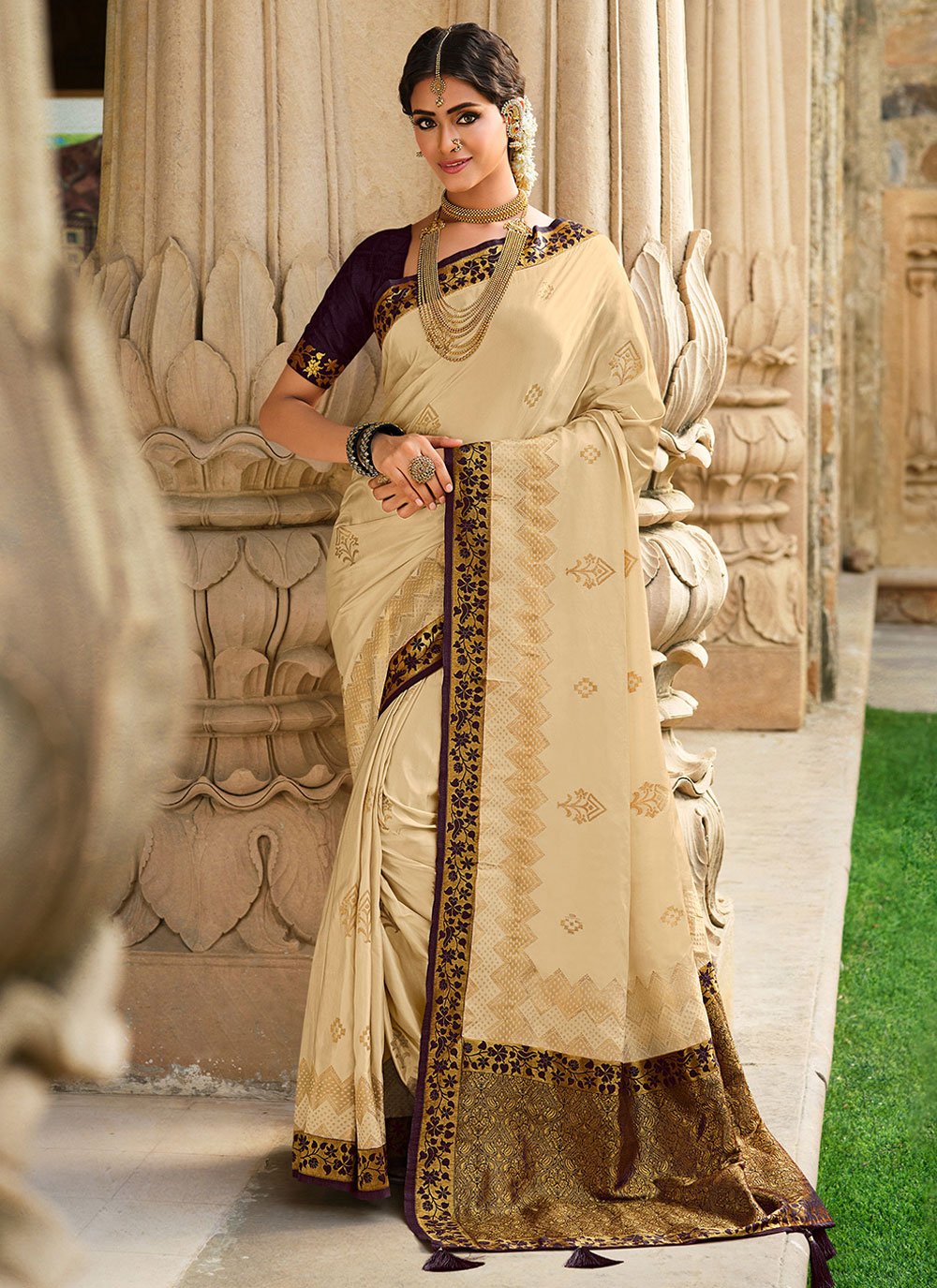 Contemporary Satin Silk Cream Patch Border Saree