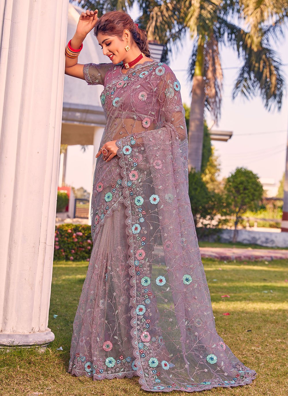 Classic Net Grey Booti Saree