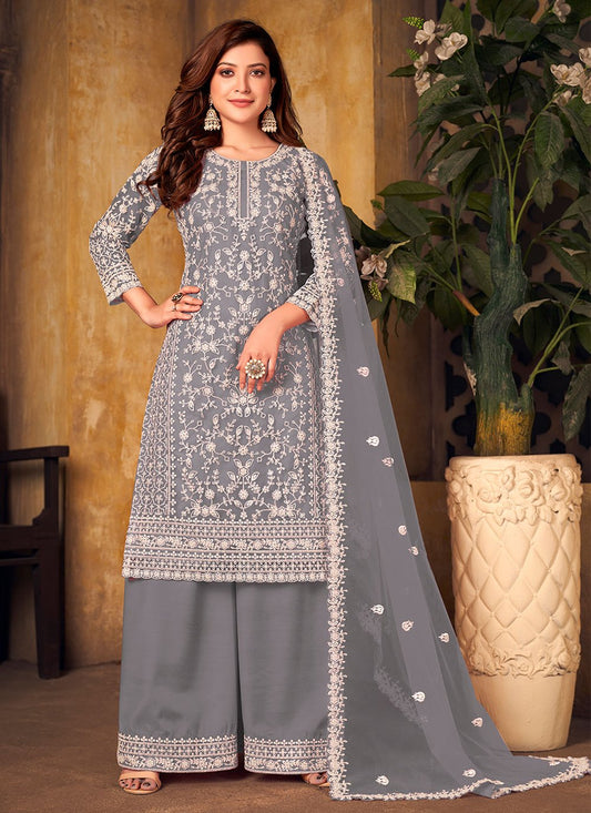 Palazzo Salwar Suit Net Grey Cord Work Salwar Kameez