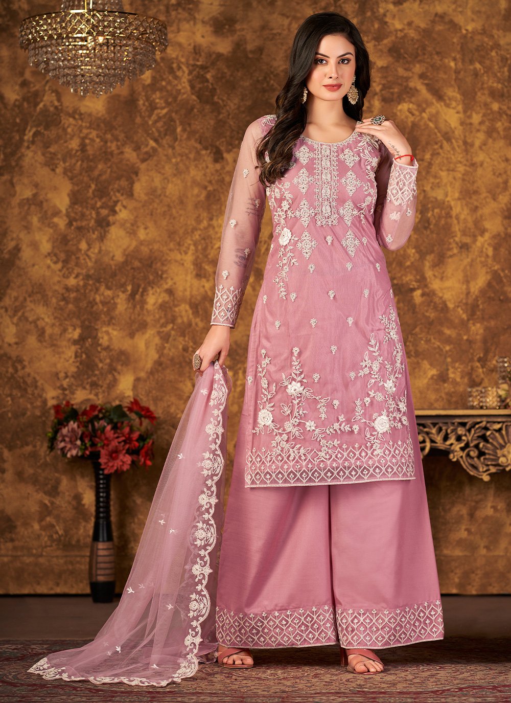 Salwar Suit Net Pink Cord Work Salwar Kameez
