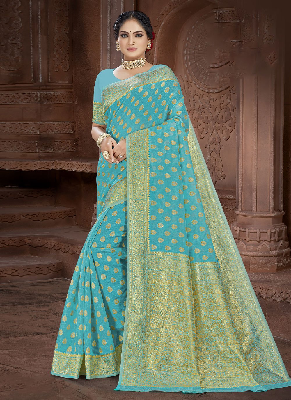 Classic Cotton Aqua Blue Weaving Saree